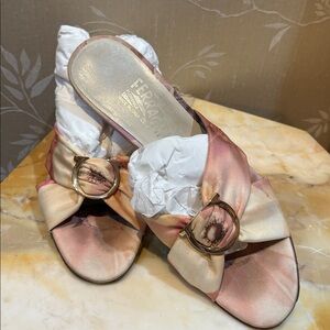 Salvatore Ferragamo Floral Pink and Cream Buckle Mules